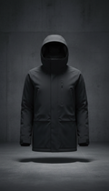 Technical matte-black parka with minimal branding