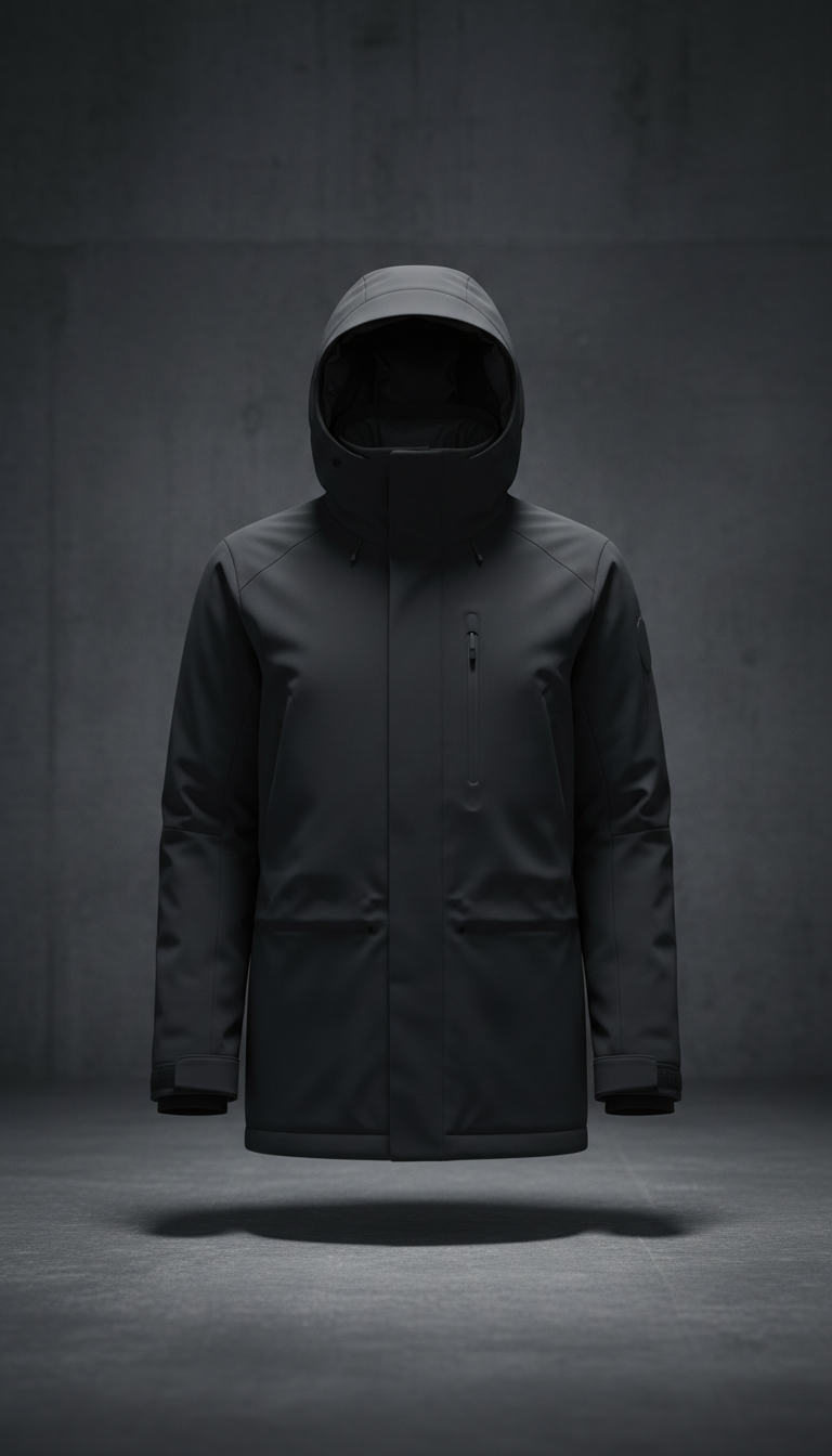Technical matte-black parka with minimal branding
